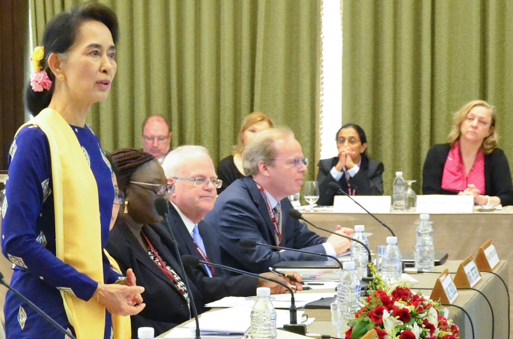 Aung San Suu Kyi, state counselor and minister of foreign affairs for Myanmar, addresses an IDA 18 replenishment meeting on June 21, 2016. © Aung San/World Bank