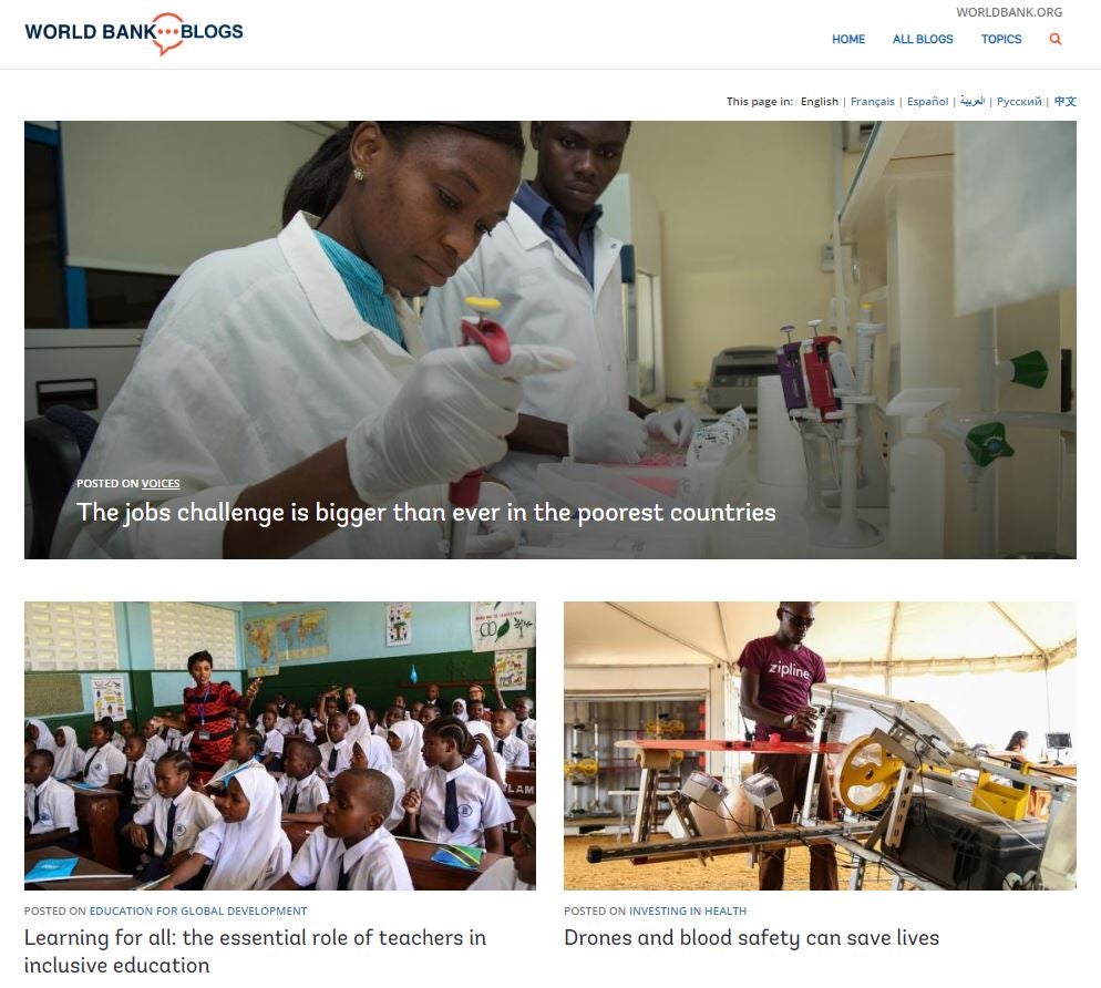 The beta site homepage of the redesigned World Bank Blogs website. © World Bank