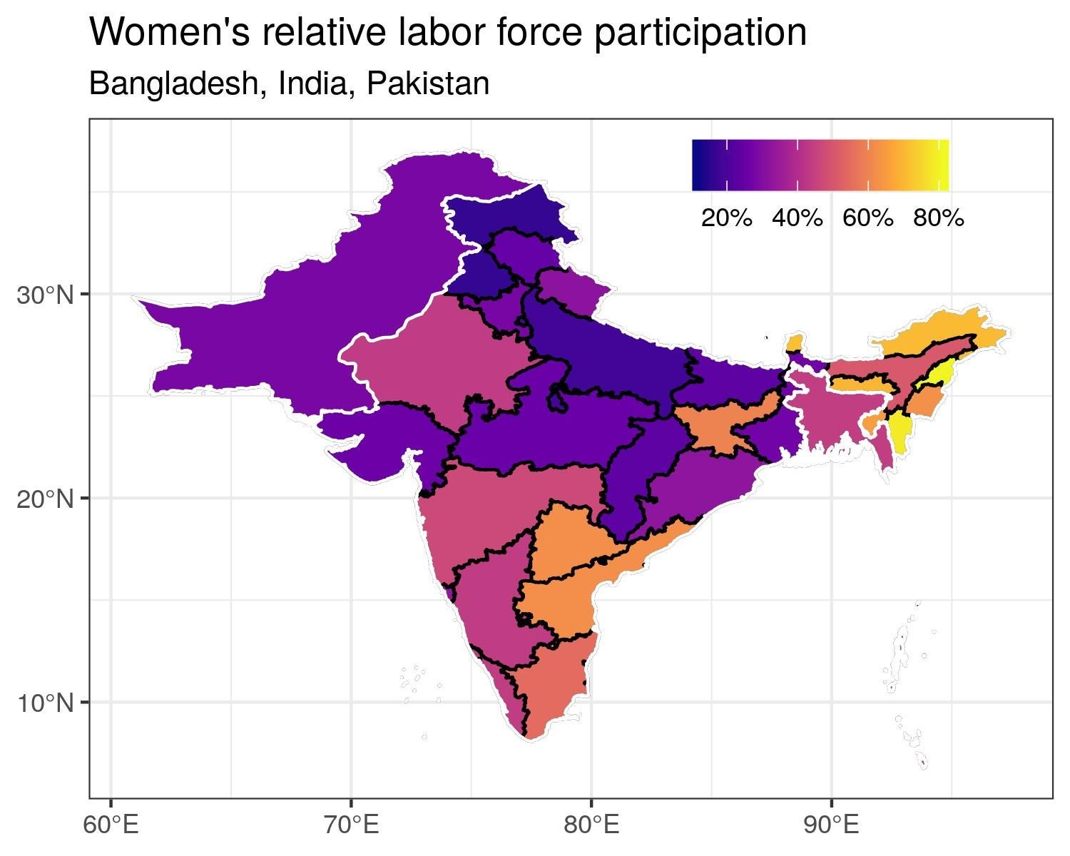 Regional variations in women's relative labor force participation