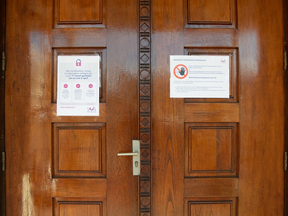 Eindhoven, The Netherlands - 17 March 2019: Eindhoven: Courthouse or court of justice closed due to Coronavirus or Covid-19. Photo: robert coolen/Shutterstock Eindhoven, The Netherlands - 17 March 2019: Eindhoven: Courthouse or court of justice closed due to Coronavirus or Covid-19. Photo: robert coolen/Shutterstock