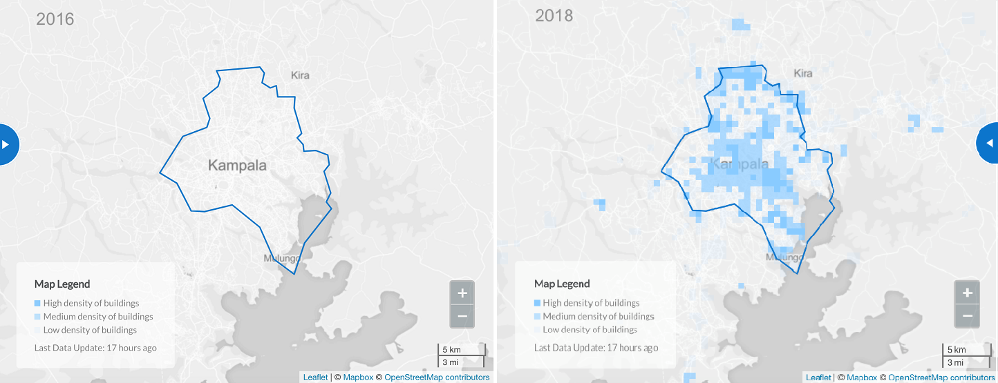 Changes in the mapped areas in OpenStreetMap for Kampala, Uganda, from 2016 to 2018. (courtesy of OpenDRI and OSM)