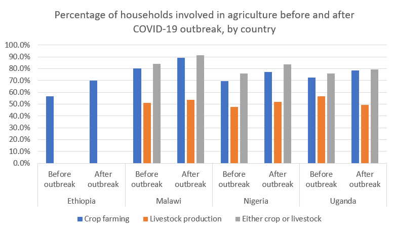 Percentage of households involved in agriculture before and after COVID-19 outbreak, by country 