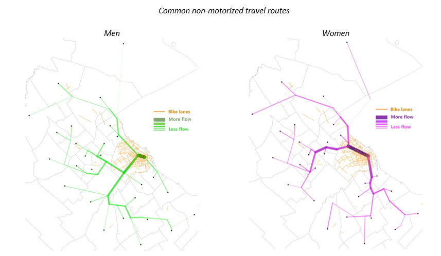 Distribution of non-motorized trips made by women and men in the Buenos Aires Metropolitan Area
