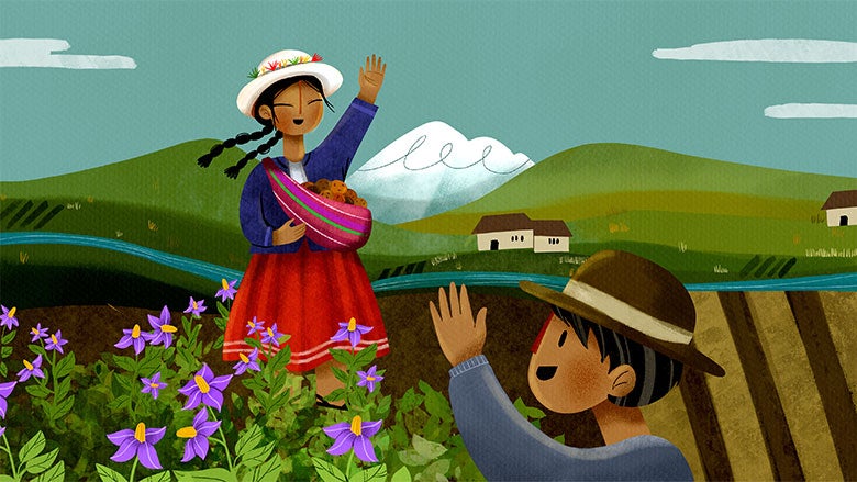 Chaska y Yaku en su pueblo natal. Ilustración de Adriana García / Banco Mundial