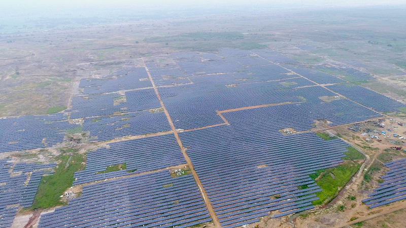 Aerial view of the Rewa Ultra Mega Solar power plant in Madhya Pradesh, India