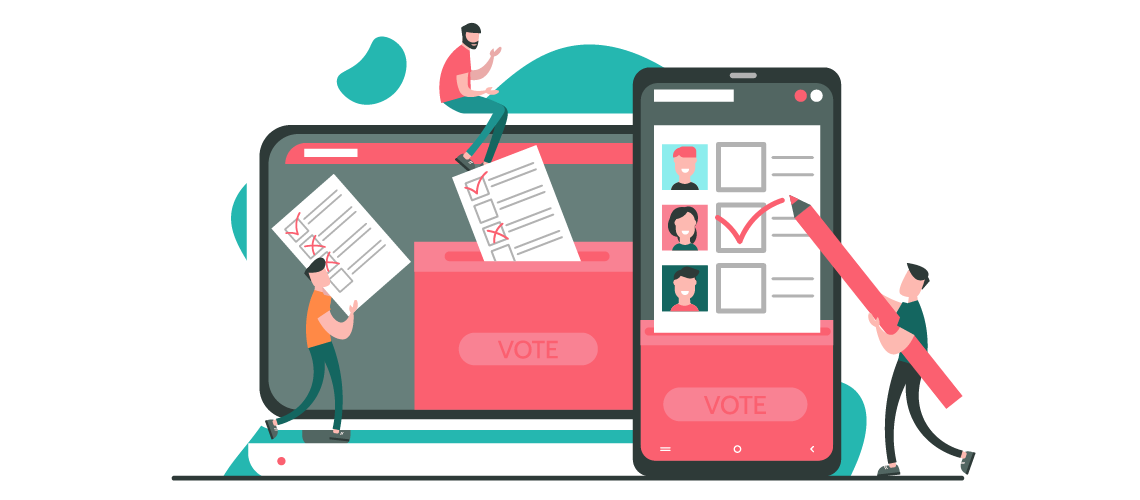 Online voting, elections, voting box with tiny people with decision. Political competition with modern system. White list newsletter on phone screen. © Aleksandr Merg/Shutterstock