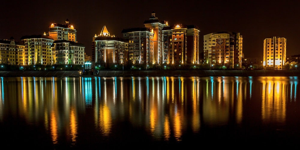 Kazakhstan capital city Astana illuminated at night