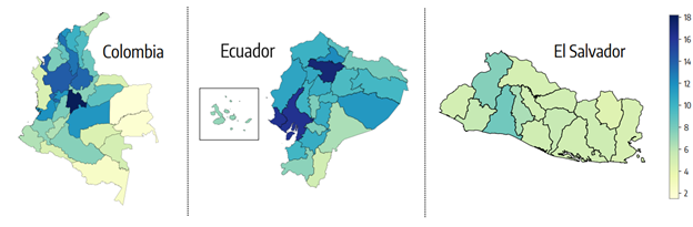 Average fixed internet download speed by department in Colombia Ecuador and El Salvador