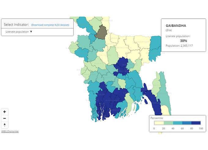 Literacy indicators screenshot from the interactive poverty maps for Bangladesh
