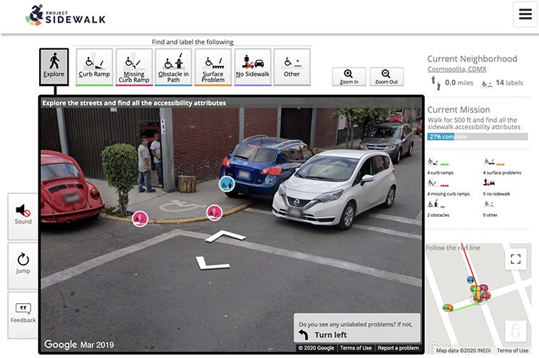 A screenshot of the digital process that Project Sidewalk uses to assess different sidewalks. 