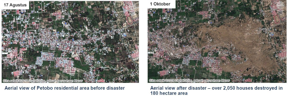 Satellite imagery showing the Petobo residential area in Central Sulawesi before and after the disaster event, highlighting the significant liquefaction. 