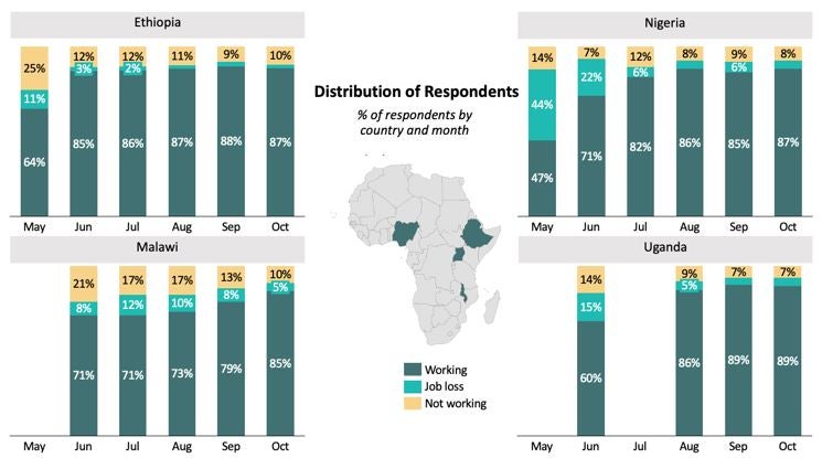 Following the early impacts of the pandemic, the working situation of the respondents in these countries has gradually recovered. 