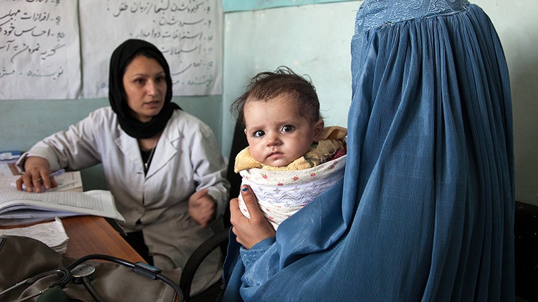 A woman gets a medical checkup at a clinic in Afghanistan. © Graham Crouch/World Bank