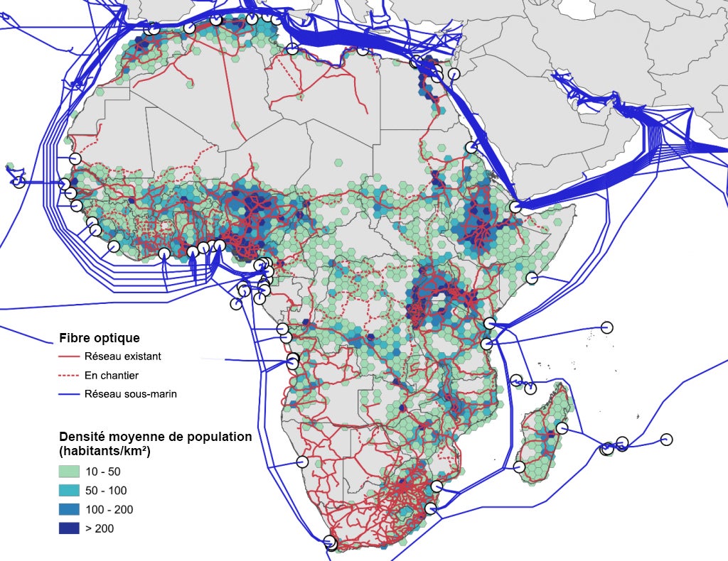 Fibre optique en Afrique - Densité moyenne de population (habitants/km²)