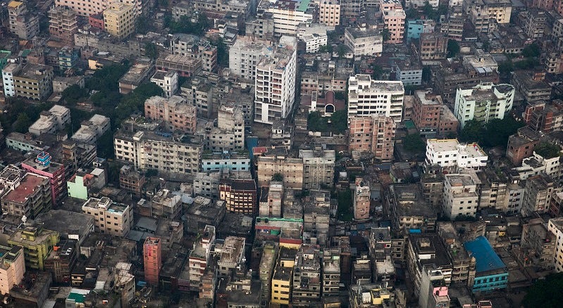 View of a densely constructed city from above View of a densely constructed city from above