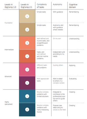 This chart lists the various levels of the DigComp 2.1 framework.