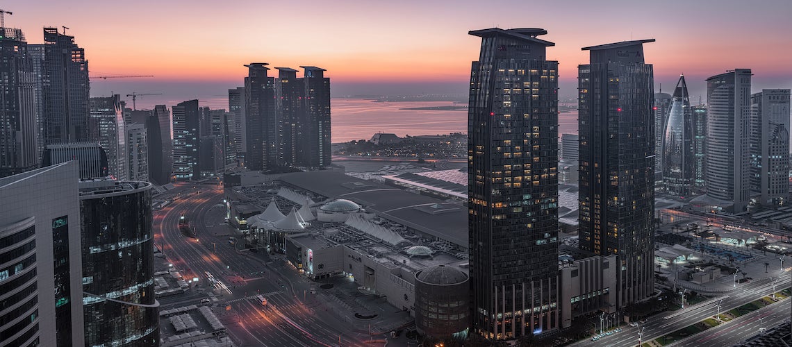 An aerial view of West Bay, Doha City, Qatar, appears at sunset. An aerial view of West Bay, Doha City, Qatar, appears at sunset.