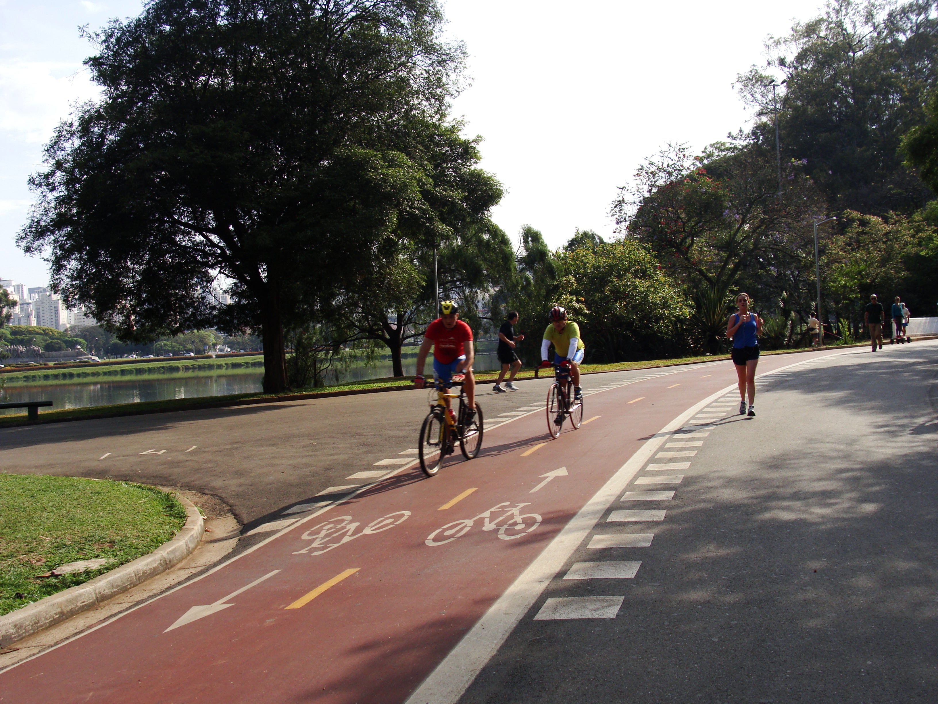 Runners and bikers train at Ibirapuera Park in Sao Paulo, Brazil