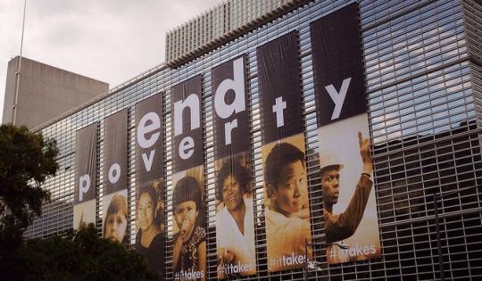 End Poverty banners on World Bank building.