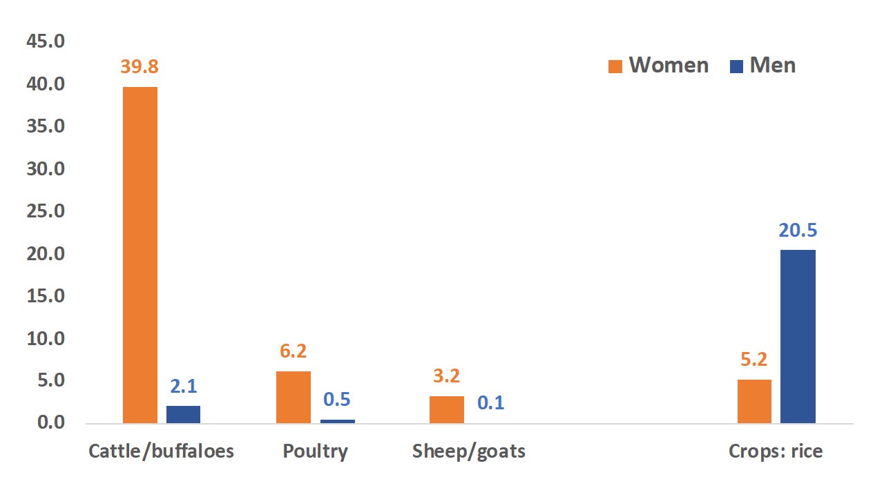Share of rural men and women aged 15-64 employed in rearing animals, as well as rice production in Bangladesh. Source: Bangladesh Labor Force Survey, 2016/17.  These can include those self-employed, as well as those employed for others.