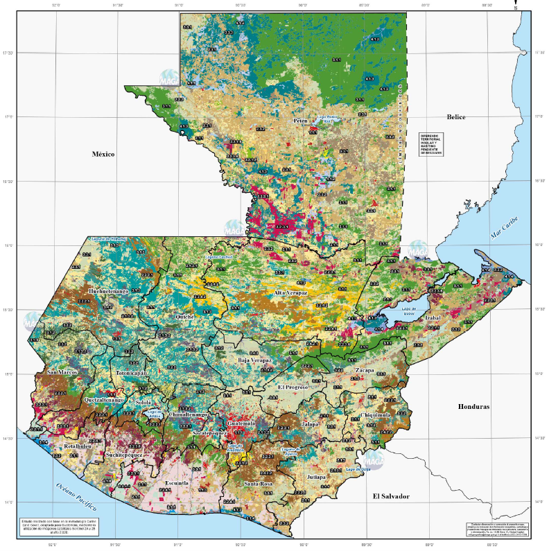 Guatemala, 2020. Forested areas are highlighted in dark green, coffee producing areas in brown