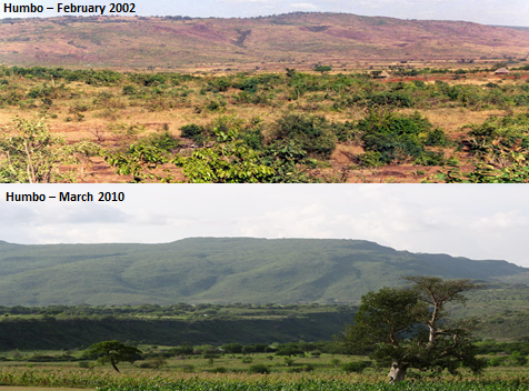 A comparative picture of the Humbo region in February 2002 and March 2010.