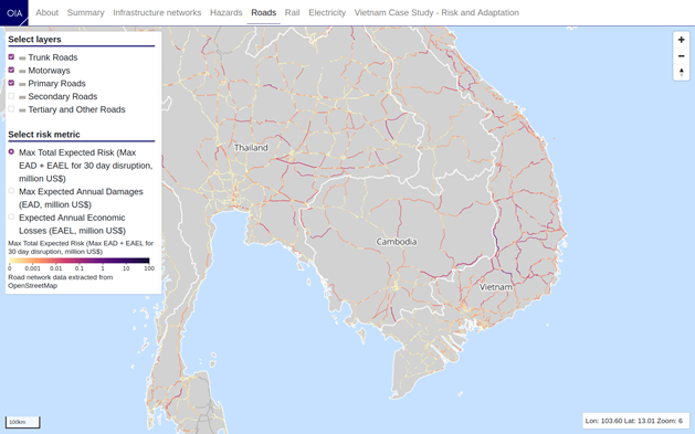 Snapshot of the Southeast Asia Infrastructure Climate Risk Analysis Prototype Web Interface.