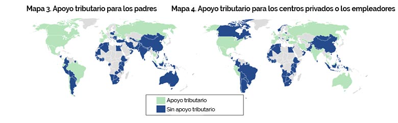 Dos mapas con países coloreados en verde o azul dependiendo de su apoyo tributario a los padres o de su apoyo tributario para los centros privados o los empleadores. 
