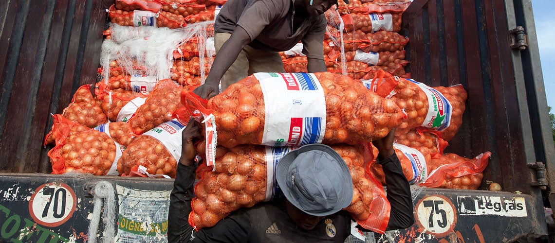 Unloading sacks of onions in a farmers market in Bamako, Mali. Photo © Dominic Chavez/World Bank Unloading sacks of onions in a farmers market in Bamako, Mali. Photo © Dominic Chavez/World Bank