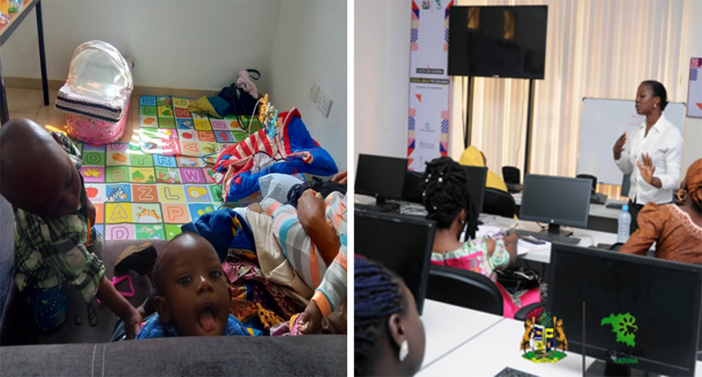 Left: Children enjoying the Click-On Kaduna program childcare facilities. Right: Participants during a women-only soft skills training course. Photos: Click-On Kaduna Program.