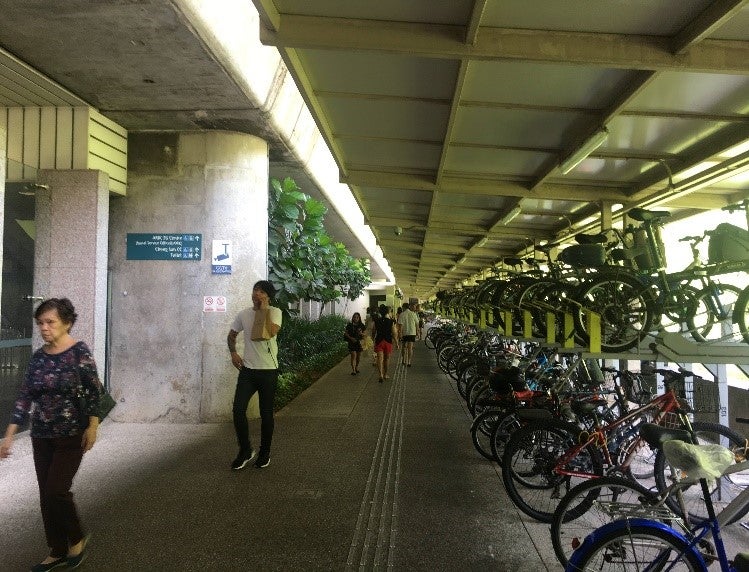 Covered walk pathways and multi-level bicycle racks