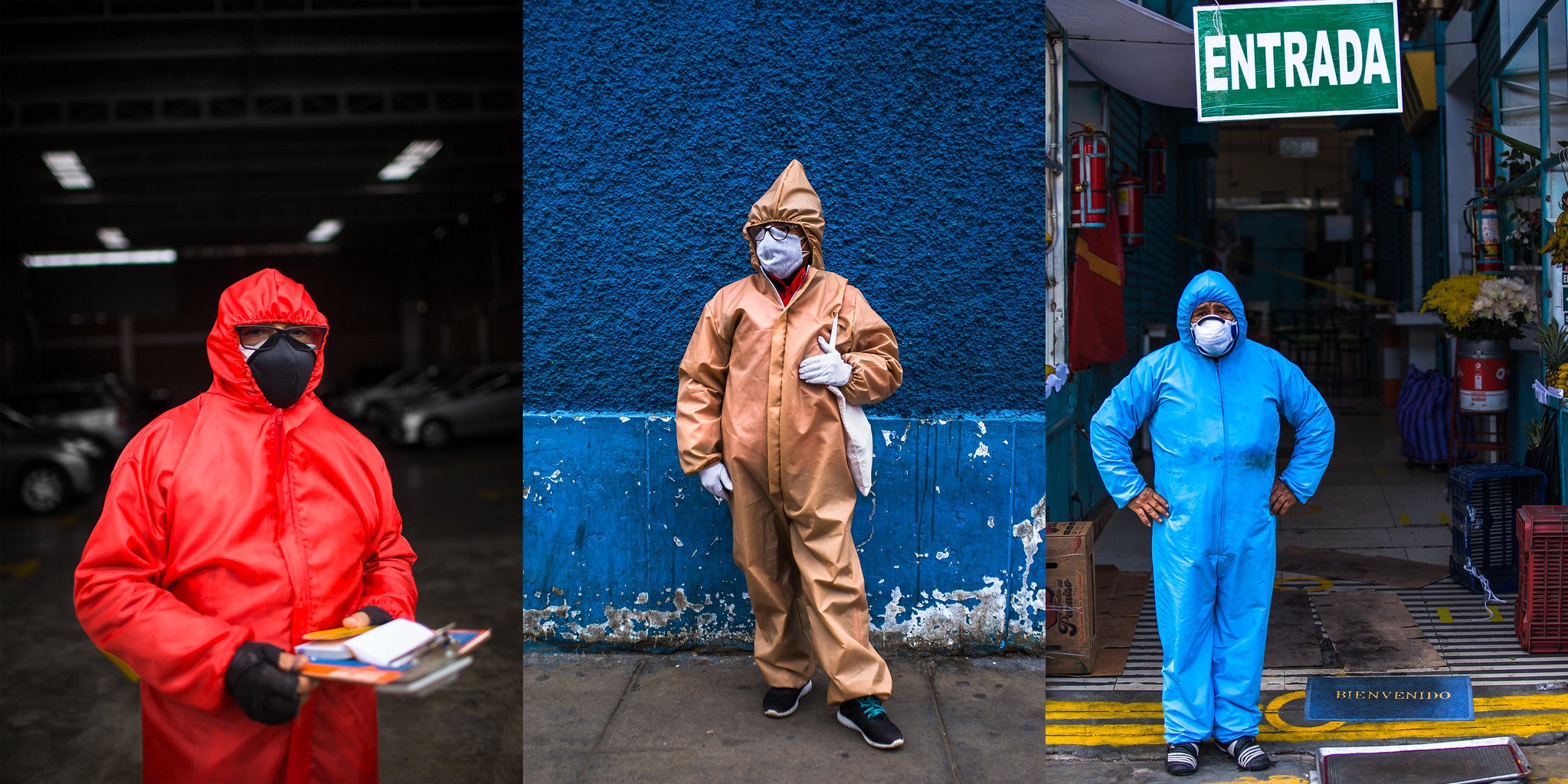 2020. Composición de imágenes de personas en trajes de protección en Lima, Perú, ciudad impactada fuertemente por la COVID19, durante los tiempos de pandemia.