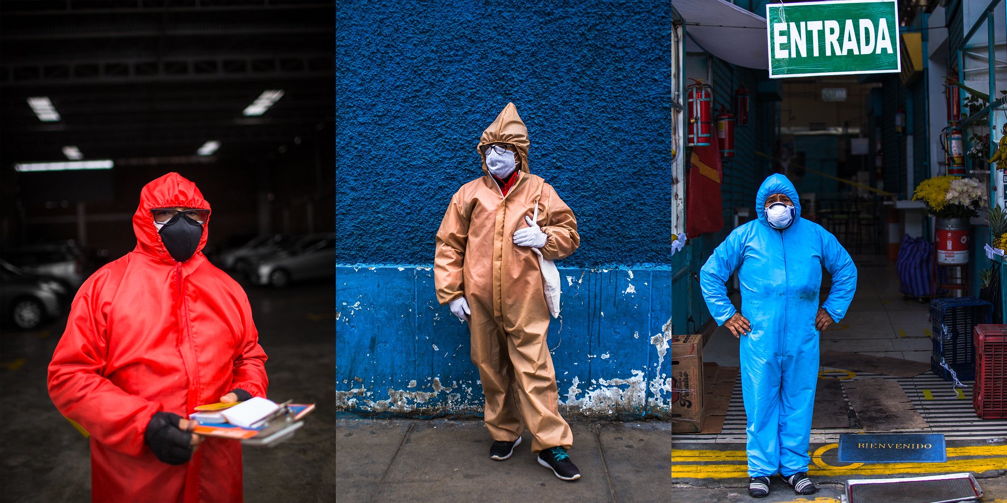 2020. Composición de imágenes de personas en trajes de protección en Lima, Perú, ciudad impactada fuertemente por la COVID19, durante los tiempos de pandemia. 2020. Composición de imágenes de personas en trajes de protección en Lima, Perú, ciudad impactada fuertemente por la COVID19, durante los tiempos de pandemia.