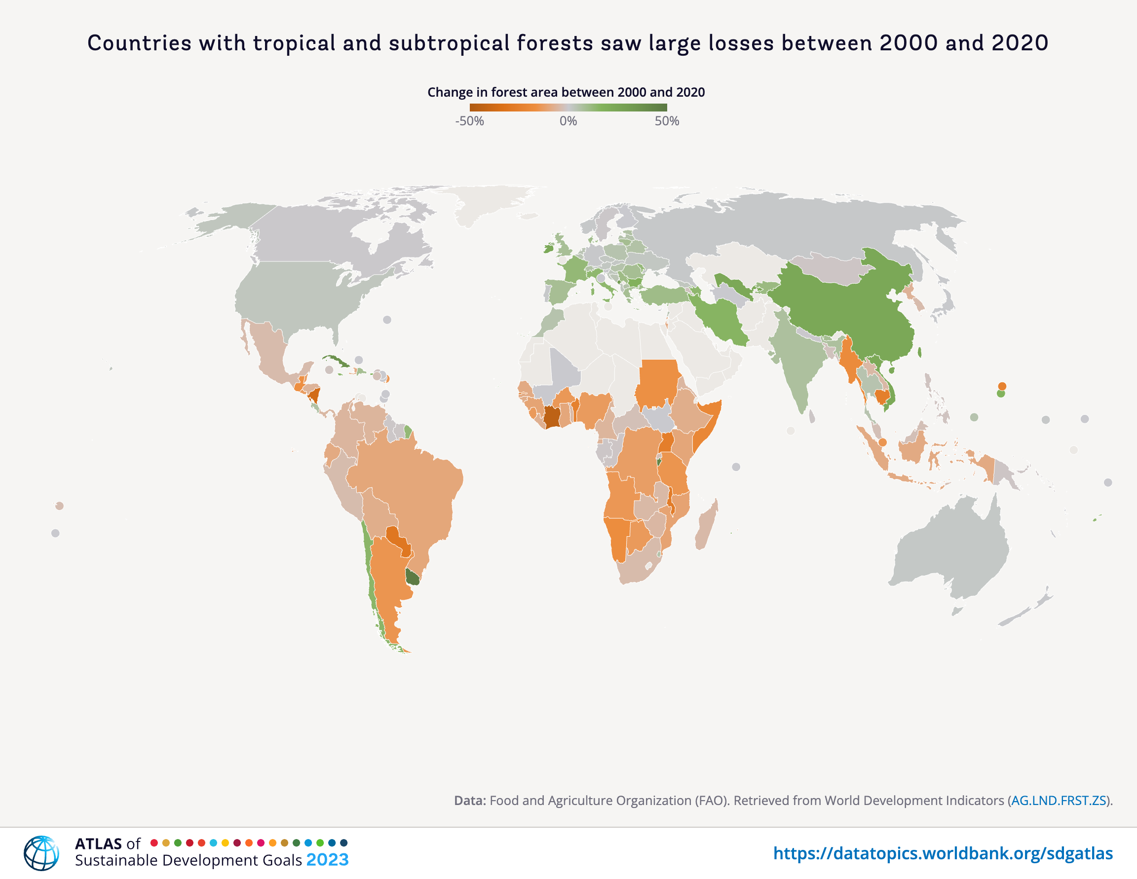 A world map with countries iwth tropical and subtropical forests