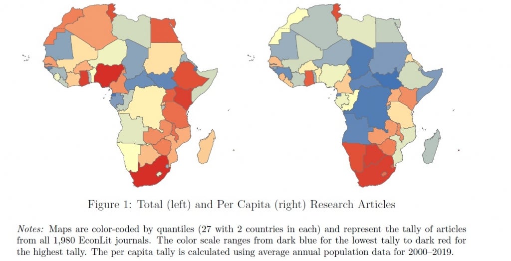 map of Africa showing per capita and per country research articles