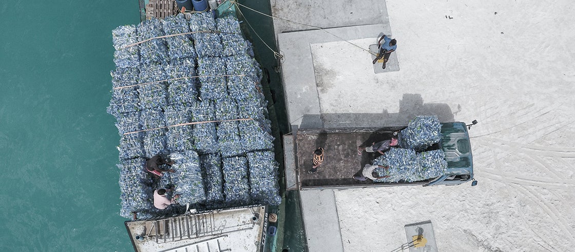 Intercepted plastic waste is baled and transported for recycling through Parley collaborations in the Maldives. Photo: Parley for the Oceans