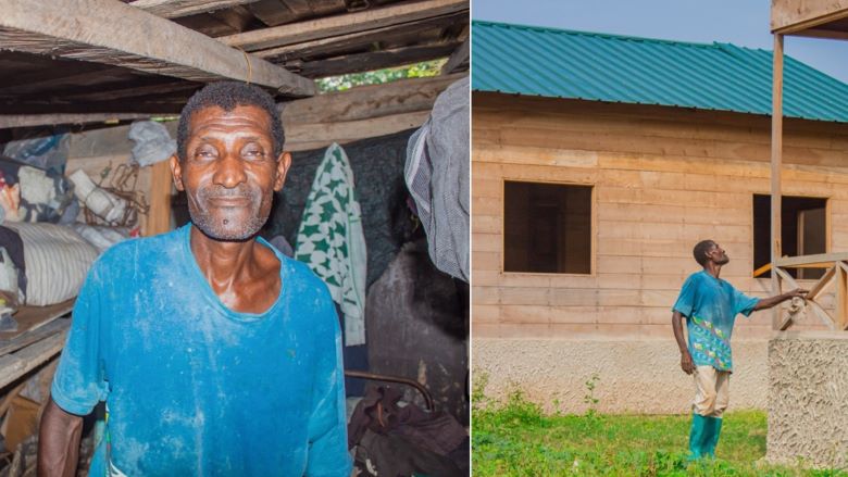 Beneficiary near new houses in Sao Tome.