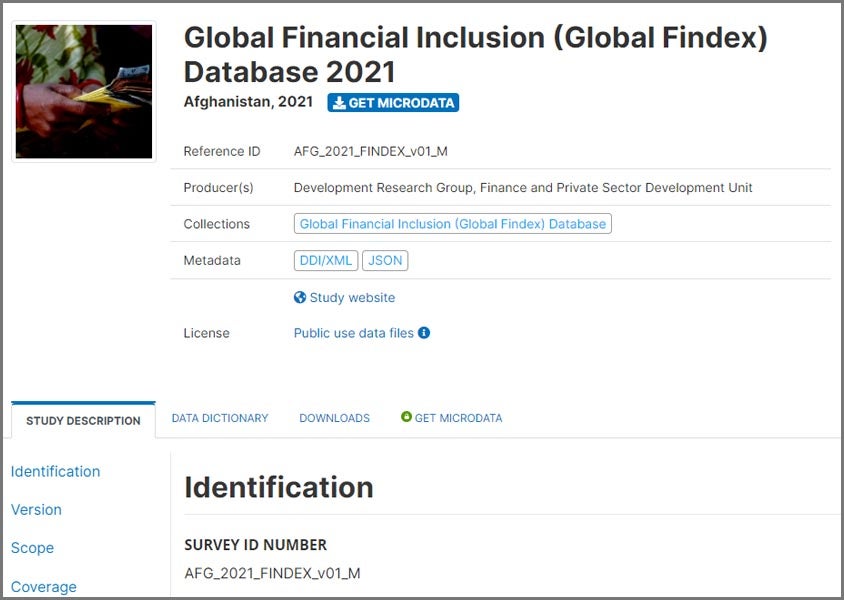 screenshot of Global Findex database web page.