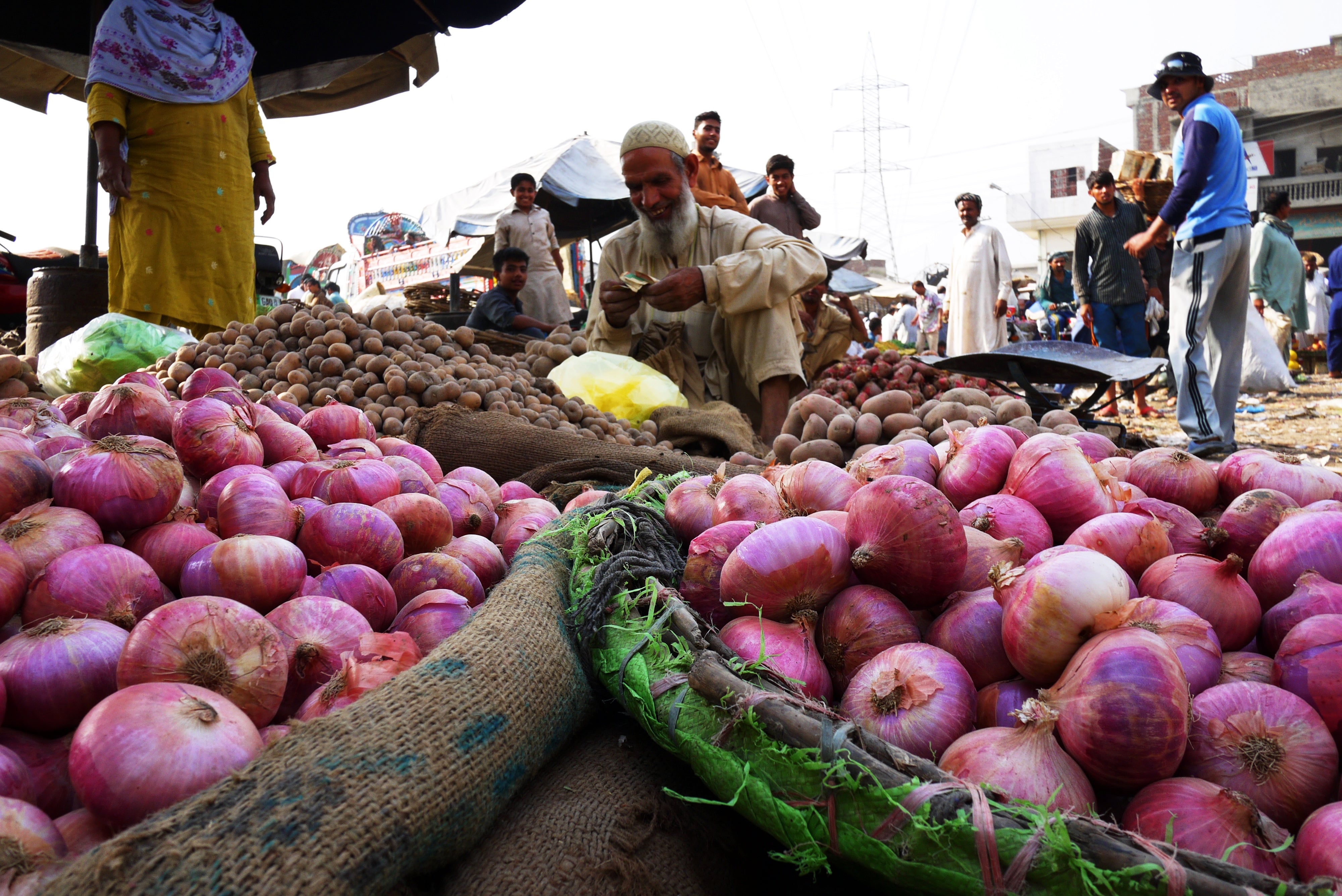 A red onion vendor at a Gujranwala market in Punjab, Pakistan. A red onion vendor at a Gujranwala market in Punjab, Pakistan.