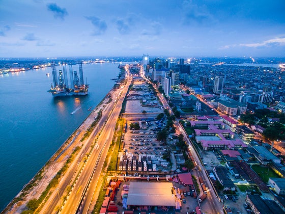 Dusk view of the Lagos Island Central Business District and the marina with the Lagos Harbor in the background
