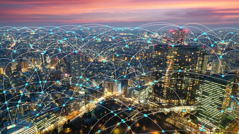 Abstract connection network on Japan financial district background