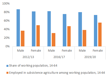Share of working-age population (14-64) working and working solely in subsistence agriculture, by sex and year (%)