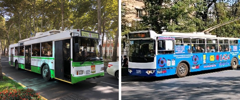 Trolleybuses in Dushanbe and Bishkek.