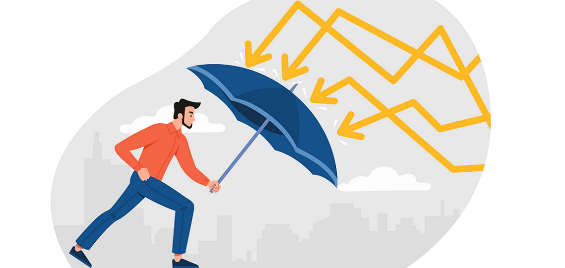 Man holding an umbrella and fighting storm represented by economic growth charts.